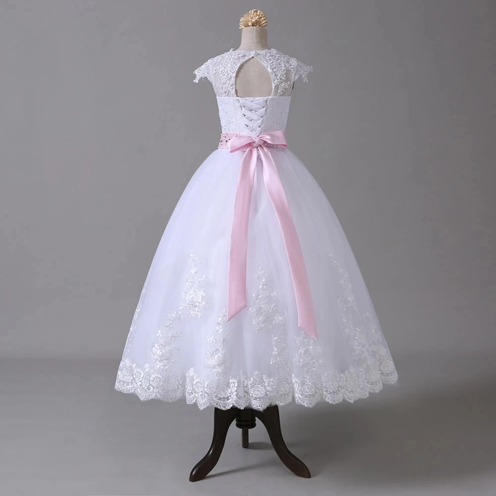 Vestidos de flores para niña, vestido de baile para boda, apliques de tul con lazo de cuentas, vestidos largos de primera comunión para niña, niños pequeños