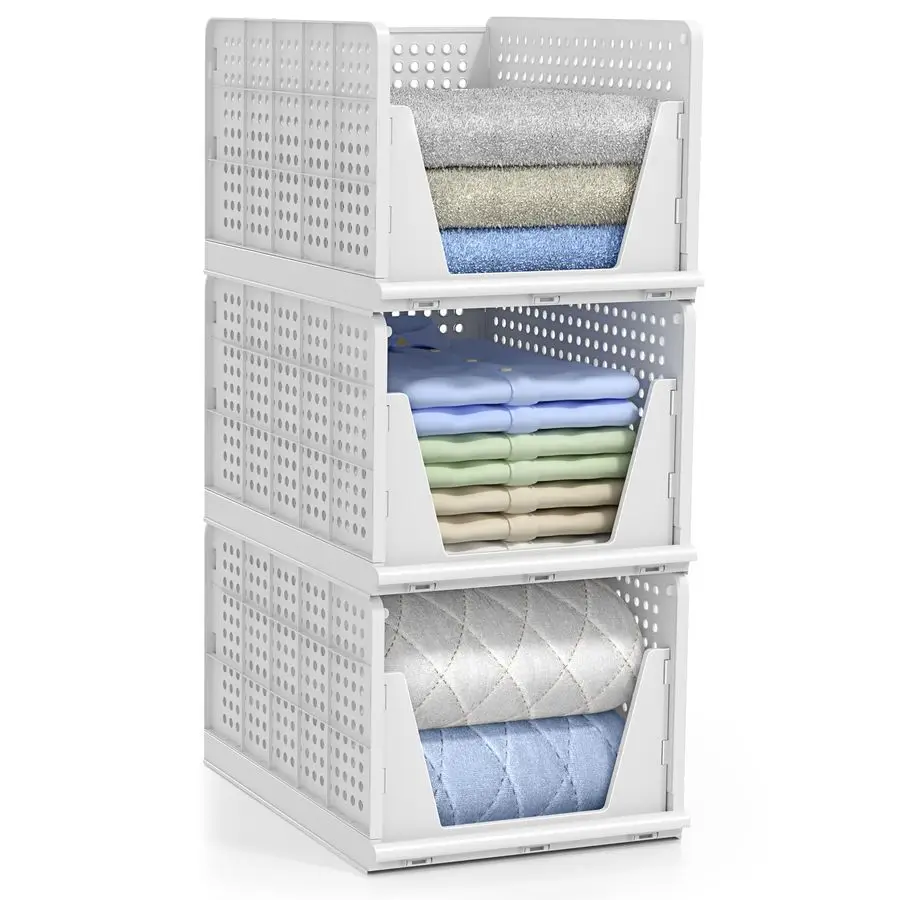 3 Pack Folding Closet Shelf Organizer for Clothes Versatile Stackable Storage Baskets for Closet, Bathroom, Kitchen and Garage E