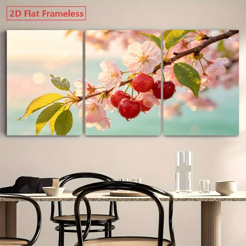 2D Flat, 2D Flat 3pcs 2D Flat Unframed Canvas Wall Art: Cherry Blossom Branch with Red Berries And Green Leaves, Soft Pastel