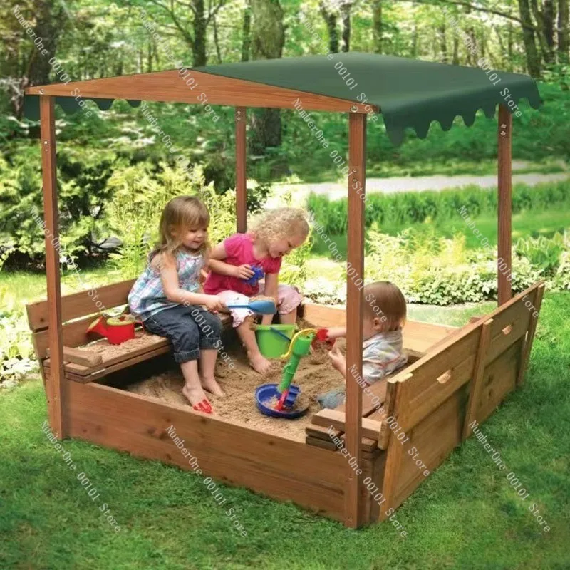 Wooden Foldable Sand Box, Kids Outdoor Sandpit, Multifunctional Children Beach Toy & Storage Box