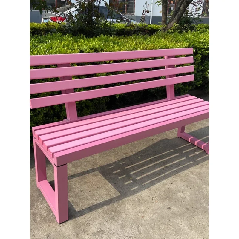 Internet celebrity pink backrest park chair outdoor bench shopping mall rest solid wood stool courtyard wrought iron bench white