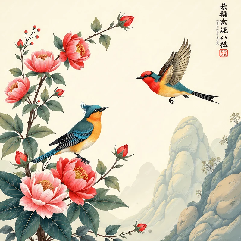 Three Ratels Beautiful flower and bird painting classic Chinese style art wall sticker for home Decoration