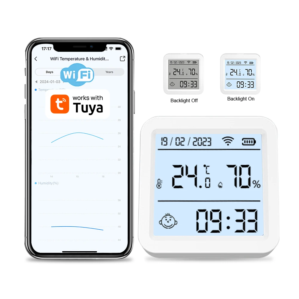 Sensor de umidade e temperatura wi-fi, aplicativo tuya, higrômetro, termômetro, luz de fundo, suporte para vida inteligente, alexa, google assistant