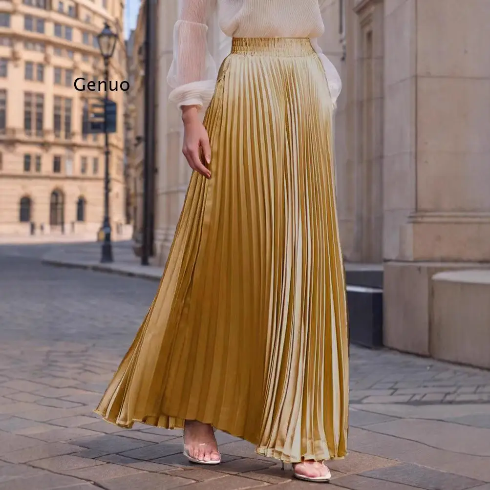 2026 Women High Waist Pleated Maxi Skirt Metallic Finish for Formal and Casual Wear