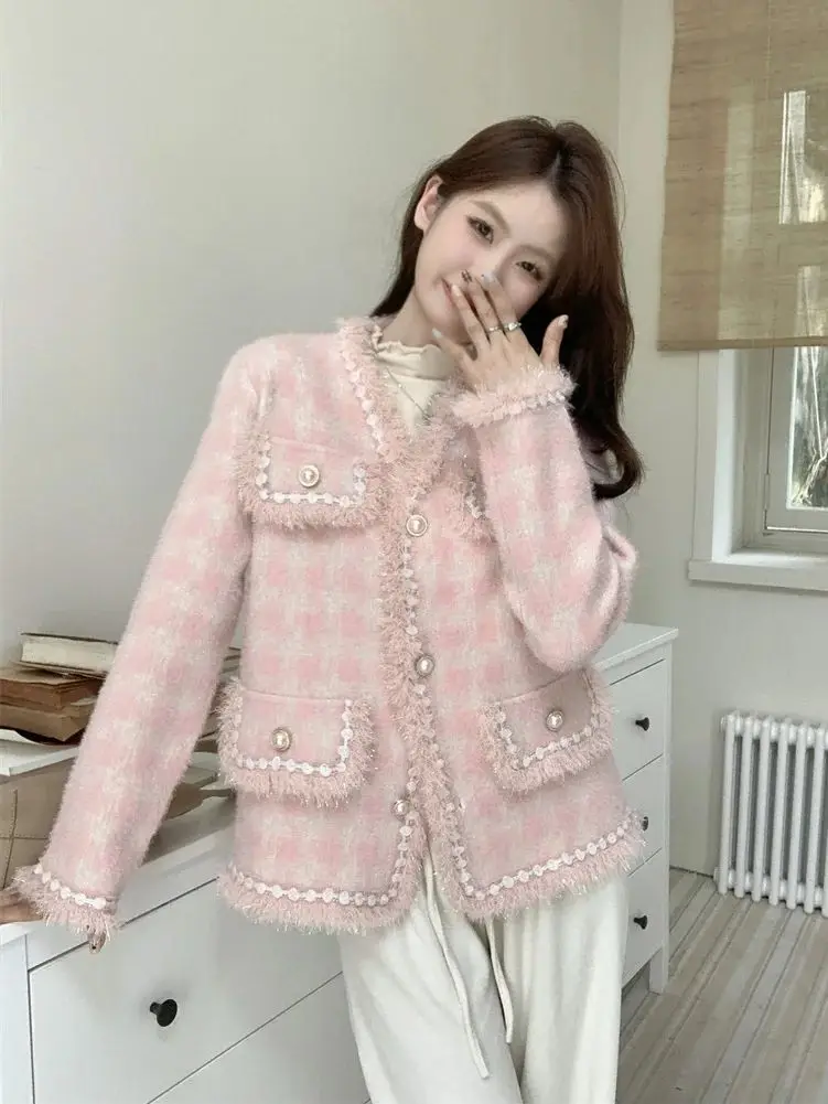 Autumn Winter Pink Plaid Jacket V-Neck Pearls Buttons Tassels Knitted Cardigan Elegant Women Imitation Mink Velvet Coat