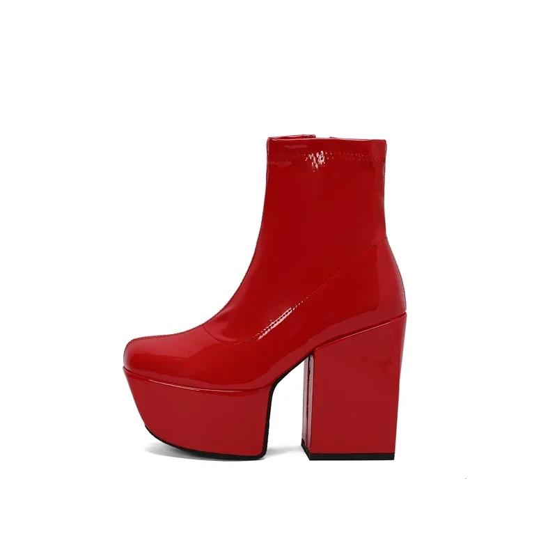 Plus Size 35-43 Gothic Punk Patent Leather Thick Platform Motorcycle Booties Women Chunky High Heels Side Zipper Ankle Boots Red