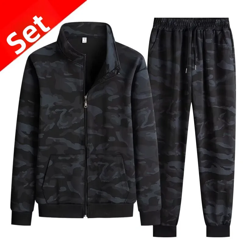 Men's Casual Camouflage Workwear Set Elastic Wear-Resistant Long Pants Two-Piece Suit for Spring Autumn Season Youth Size