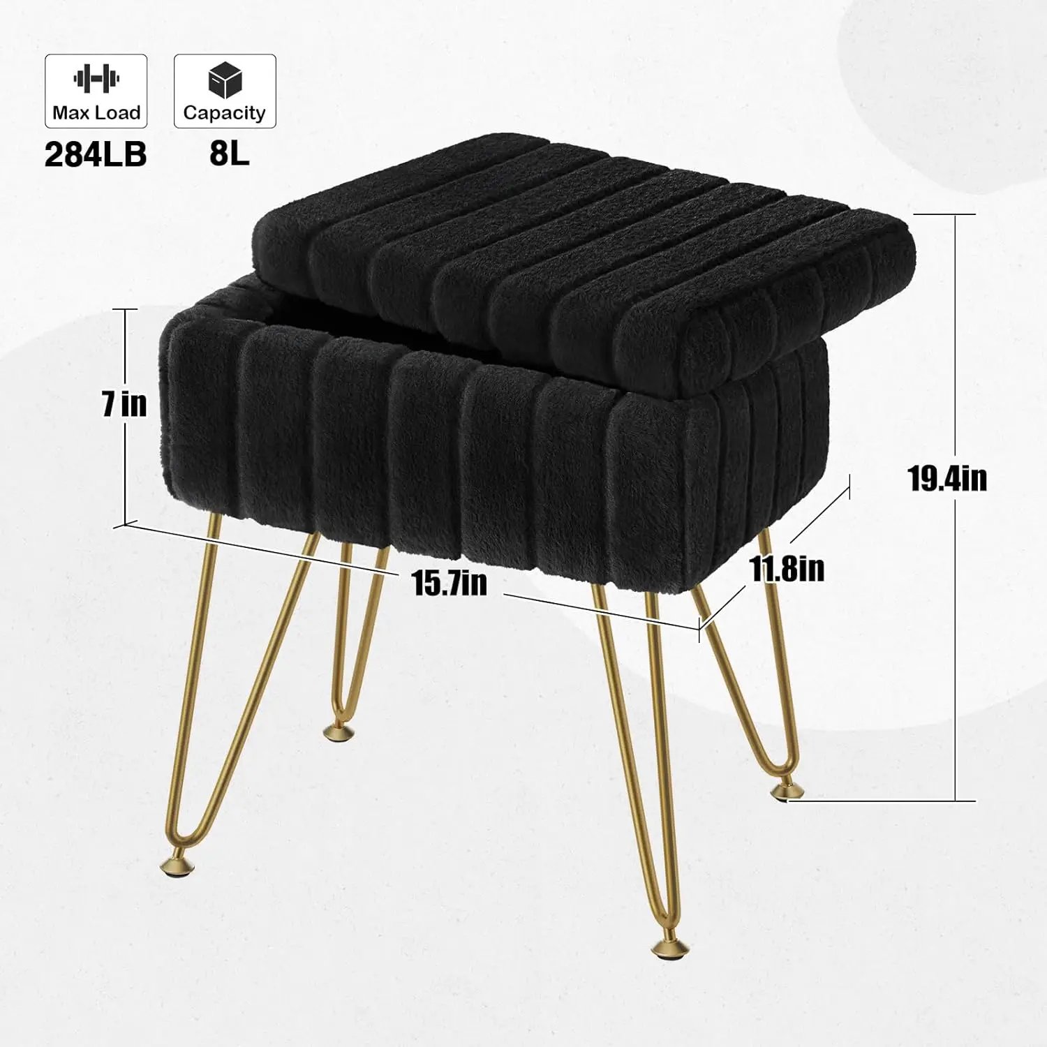 Faux Fur with Storage, Soft Ottoman 4 Metal Legs with Anti-Slip Feet, Furry Padded Seat, Modern Multifunctional Chairs