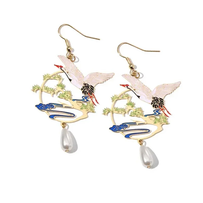 

Chinese Style Auspicious Cloud Crane Dangle Earring For Women Hollow Round Long Tassel Asymmetrical Earrings Festival Jewelry