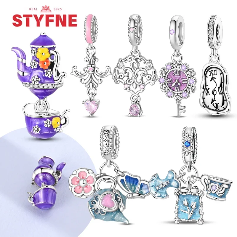 

2025 Real S925 Silver Tea Party Pink Princess Series Charms Heart Bead Fit Original Bracelet DIY Jewelry Birthday Gift for Women