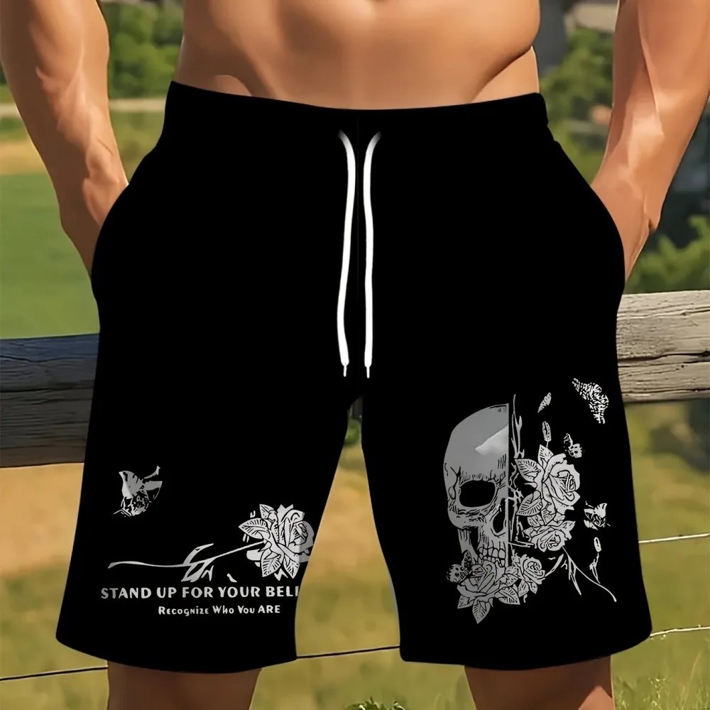 

Men's Casual Shorts Drawstring Skull Rose Print Side Pockets Daily Outdoor Sports Beach Shorts