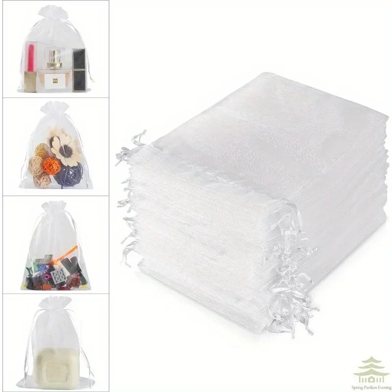 100PCS Organza Bags Random Mesh Organza Jewelry Bags Drawstring, Small Drawstring Favor Pouches Christmas Candy Wedding Birthday