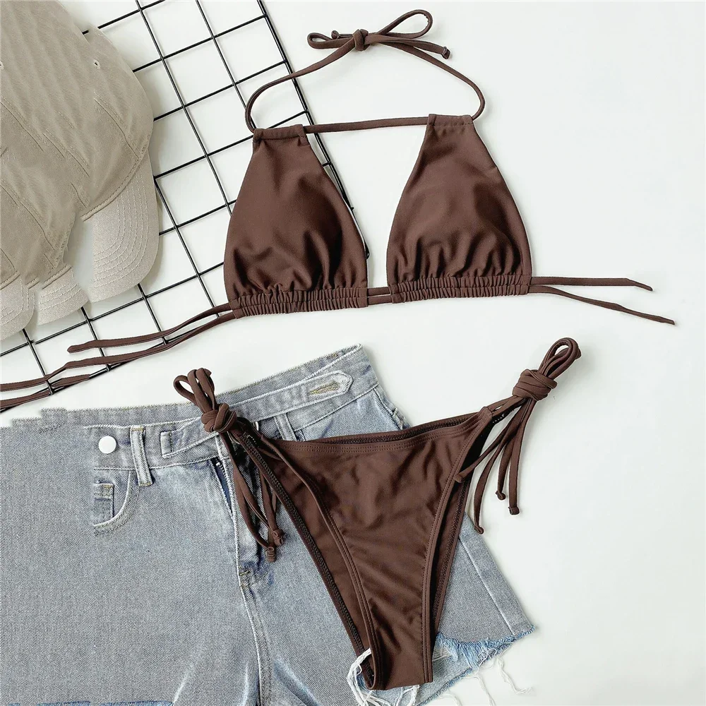 Sexy Brown String Halter Micro Thong Bikinis Sets Lace-up Swimsuit Hollow Out Swimwear Women 2026 Biquinis Bathing Suit Bikini