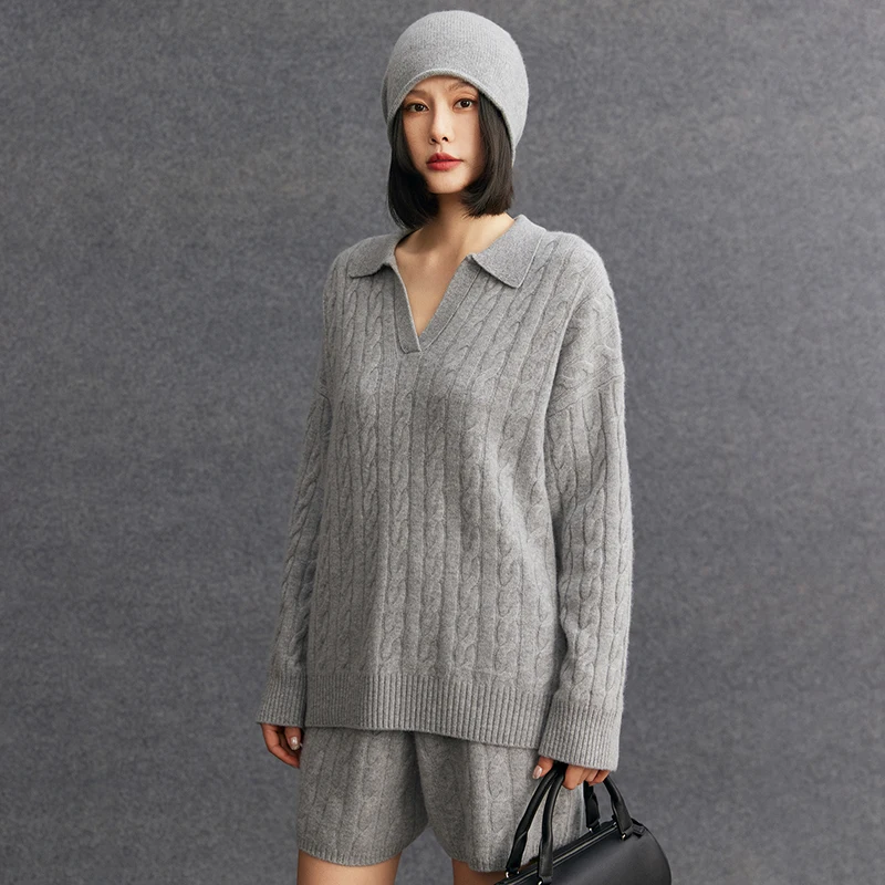 Women's set 100% cashmere POLO collar loose pullover sweater casual solid color knitted high waisted shorts pocket two-piece set