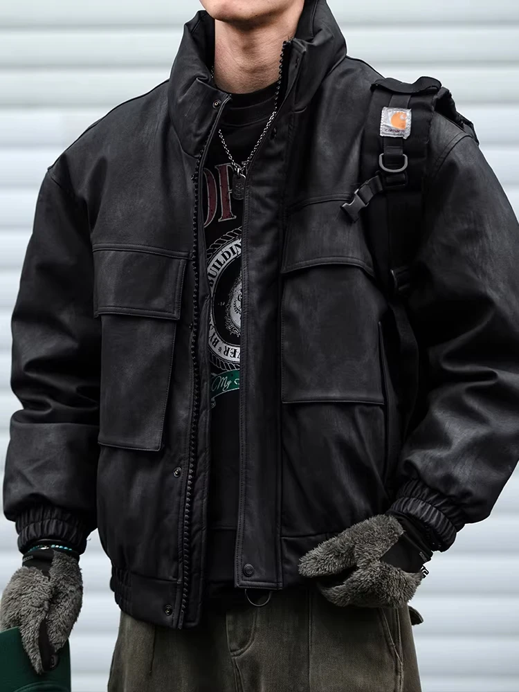 

Large Size Winter PU Leather Stand Collar Men's Jaet Faionable Motorcycle Sle Du down Coat Trendy Brand Workwear