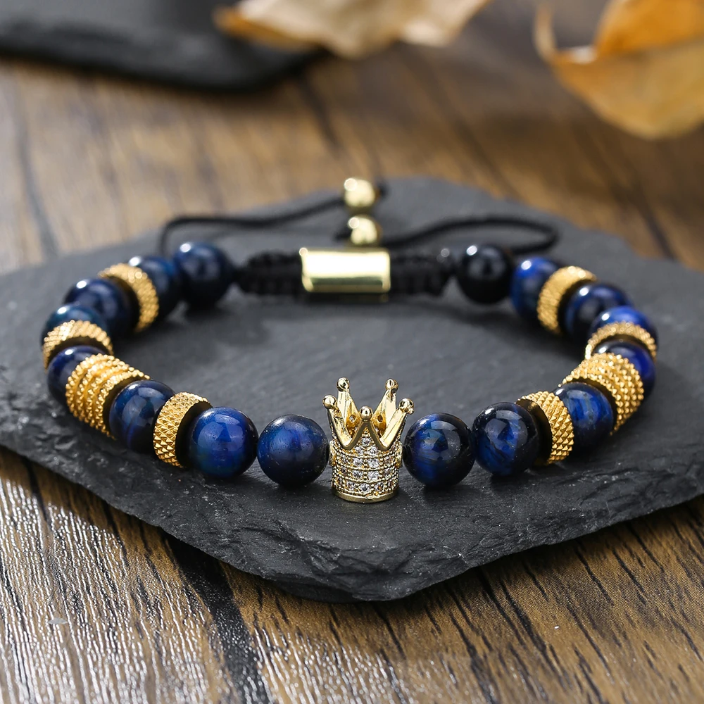 Vintage Crown Black Agate Tigereye Stone Woven Bracelet Roman Numerals Stainless Steel Non-Fading Light Luxury Bracelet for Men