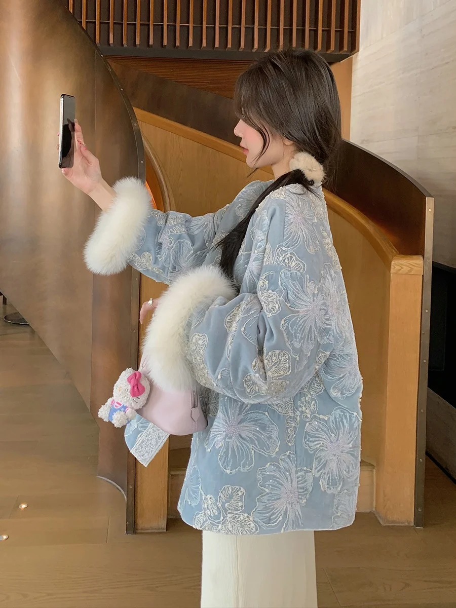 

MUKOK Heavyweight Fur down Jaet New Chinese Sle Mid-Length Thi Outerwear Women's Faion Winter Coat 90% down