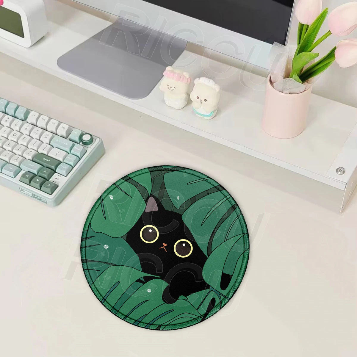 Cute Cat Green Plants Design Round Mouse Pad Creative Small Mouse Pad Non-Slip Stitched Edge Office PC Mousepad Rubber Playpad