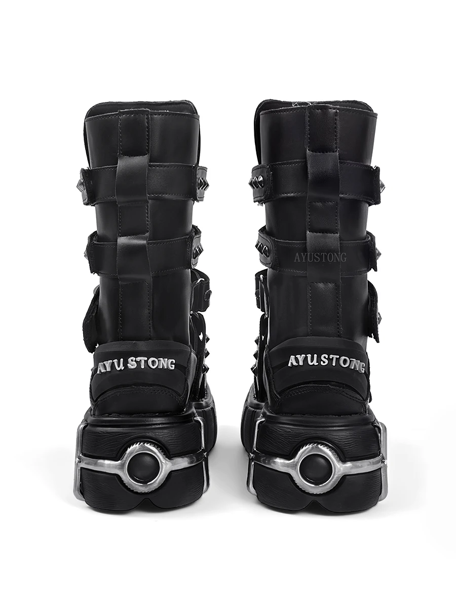 Metallic rock platform midsole boots Dark punk biker boots Gothic