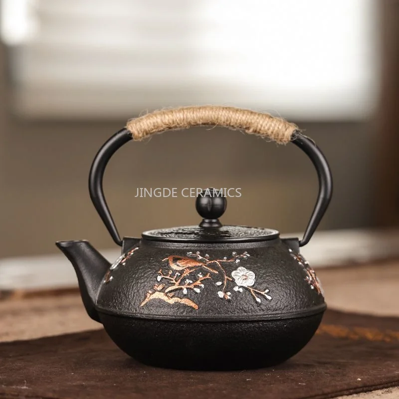 1pc 800/1200ml Cast Iron Teapot, Magpie and Plum Blossom Pattern, Kung Fu Teapot Chinese Tea Ceremony Accessories Outdoor Kettle