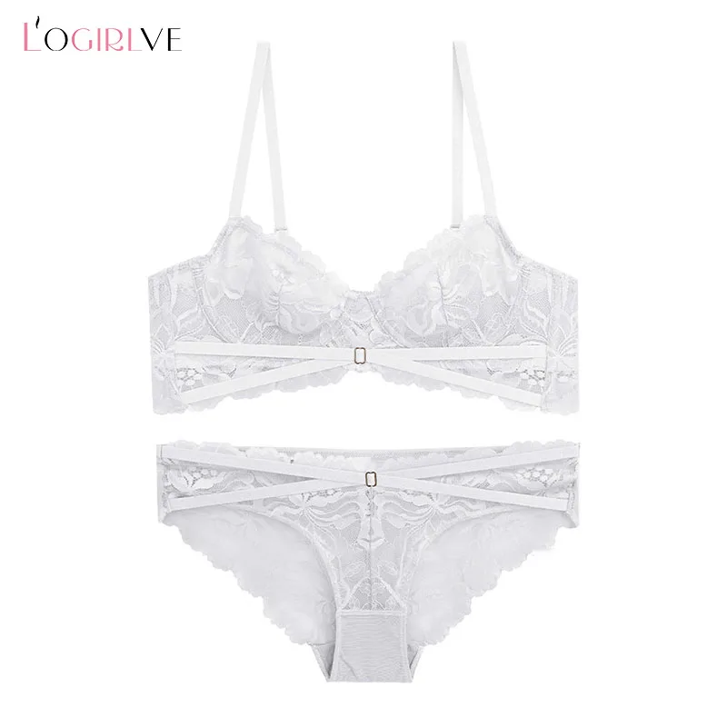 Logirlve-Ensemble de sous-vêtements en dentelle brodée ultra-mince pour femmes, soutien-gorge push-up, culotte à bretelles sexy, lingerie