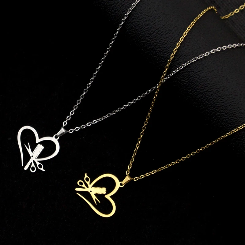 Heart Shape Scissors Comb Pendant Necklace Hairdresser Charm Necklace Barber Salon Worker Jewelry Gift