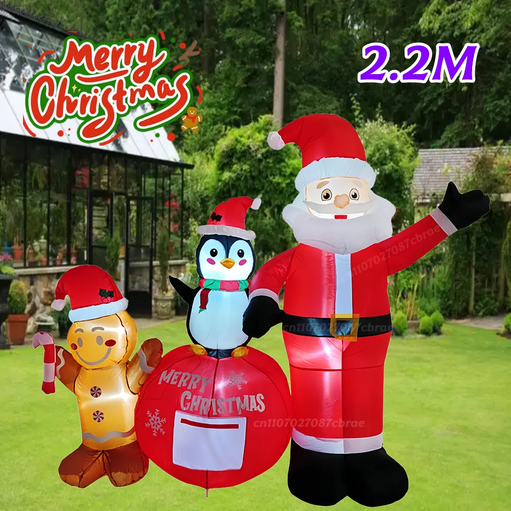 عيد الميلاد 2.2 متر طويل نفخ سانتا كلوز البطريق ، رجل الزنجبيل المدمج في أضواء LED للمربعات ساحات المروج تزيين #3