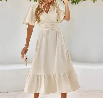 

Women's summer V-neck ruffle sleeves solid color long skirt patchwork dress