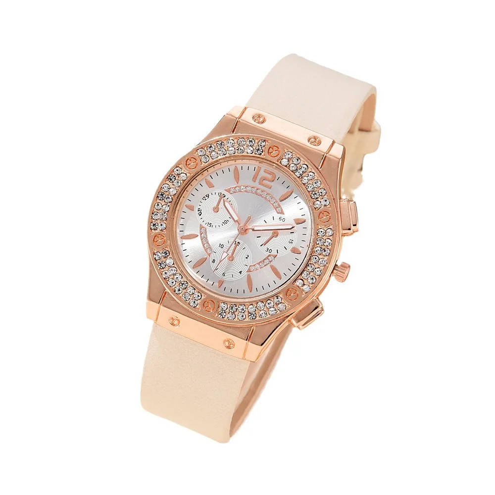 Versão coreana Diamond Inlaid Watch Bracelet Set, PU Watch Strap, Moda simples