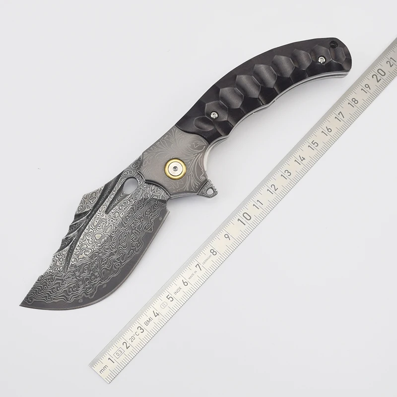 Lâmina dobrável artesanal de aço damasco, utilitário de sobrevivência para acampamento ao ar livre, ferramentas edc, facas dobráveis de bolso, ébano cnc + alça de aço
