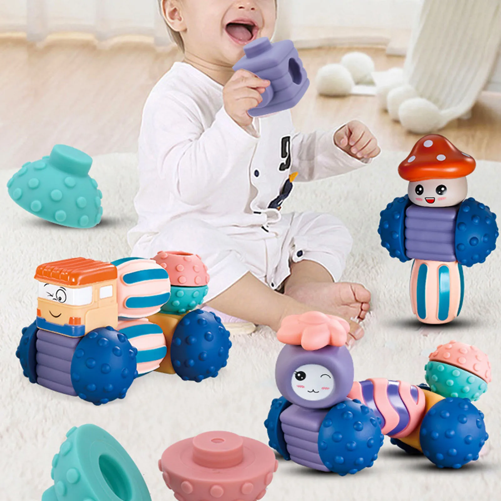 Blocs de construction sensoriels en Silicone 3D pour bébé, jouet de bricolage, blocs de construction en caoutchouc, boule souple, anneaux de dentition dans le bain pour enfant