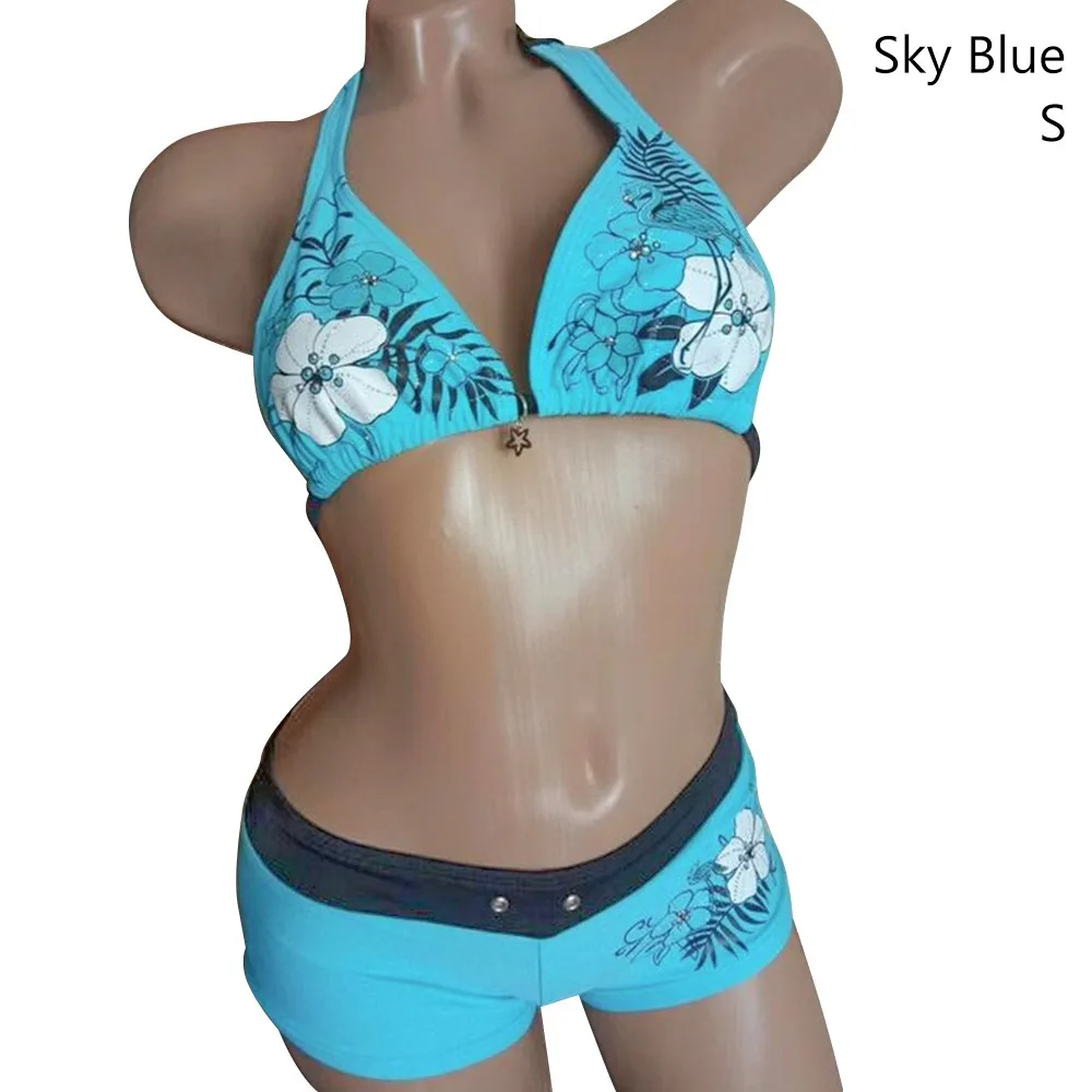 Fashion Vintage Bikini Set Flower Print Adjustable Swimsuit Low Waist Sexy Halter Strap Swimwear Beach Wear