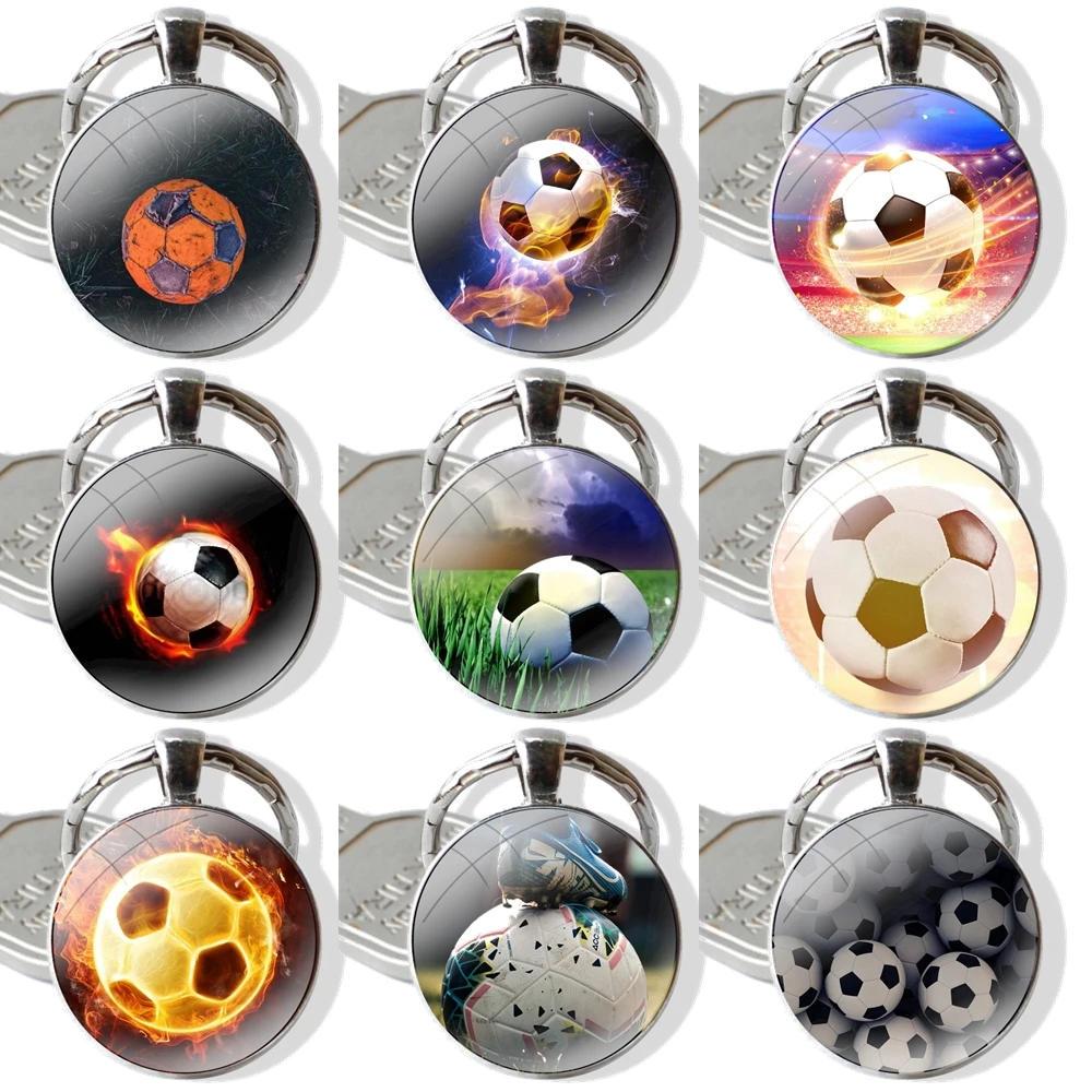 Glass Metal Pendant Key Chain Classic Men Women Key Ring Accessories Jewelry Gifts Sports Soccer Football