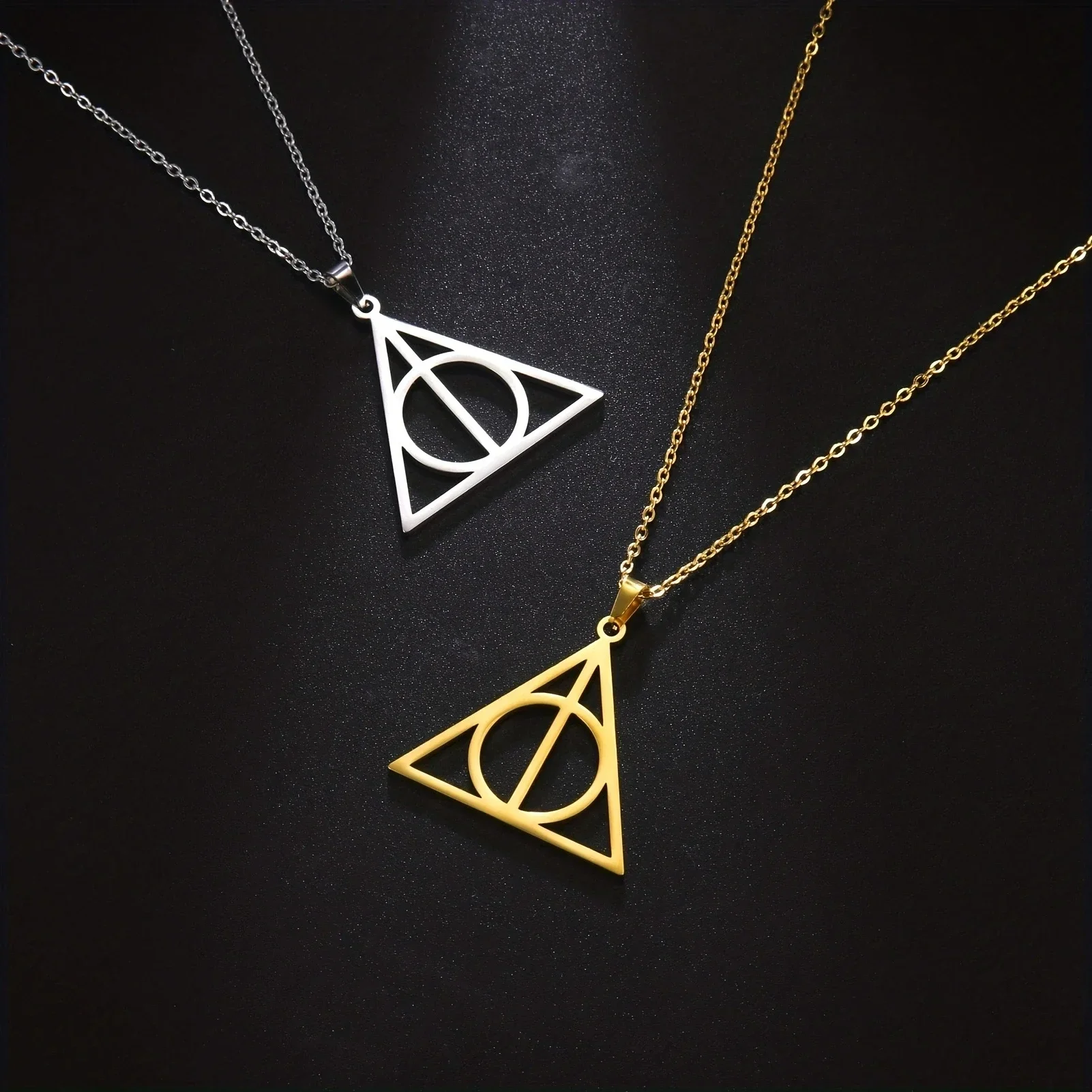 Stainless Steel Deathly Hallows Necklace Round Triangle Silver Color Pendants Necklaces Geometric Jewelry for Women Men