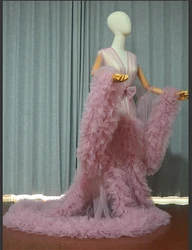 Sweet Girl Vintage Tulle Robe Perspective Sheer Tulle See Through Long Pink Dressing Gowns Fluffy Maternity Dress Photoshoot