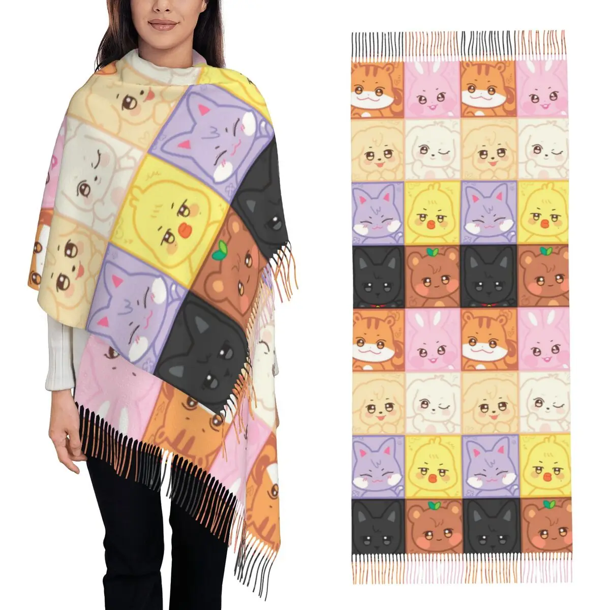 Kpop ATEEZ ロゴ A TEEnager Zs スカーフ タッセルスカーフ 女性用 ソフトで暖かいショールとラップ 大きめ 秋冬用ショールラップ