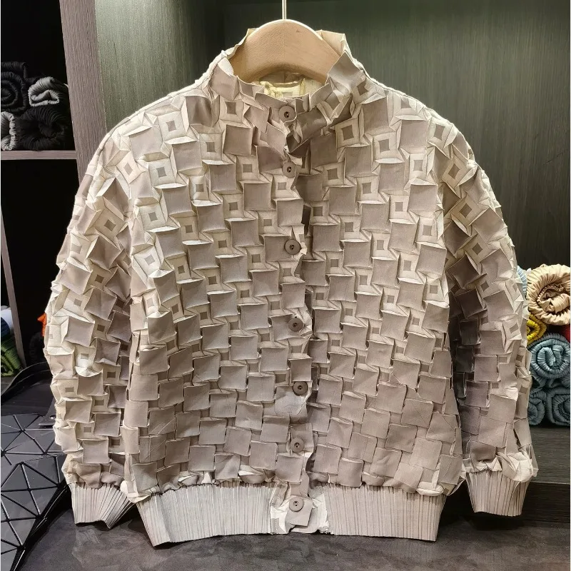 Miyake Pleated Jacket Plisse Womens Fall 2026 New 3D Pleated Color-Block Print Coating Casual Loose Fitting Commuter Long Sleeve