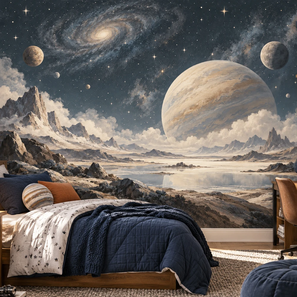 Space Wall Mural Galaxy Planets Mountain Landscape Wallpaper Non Self Adhesive Boys Bedroom Kids Room Celestial Wall Decor Stars