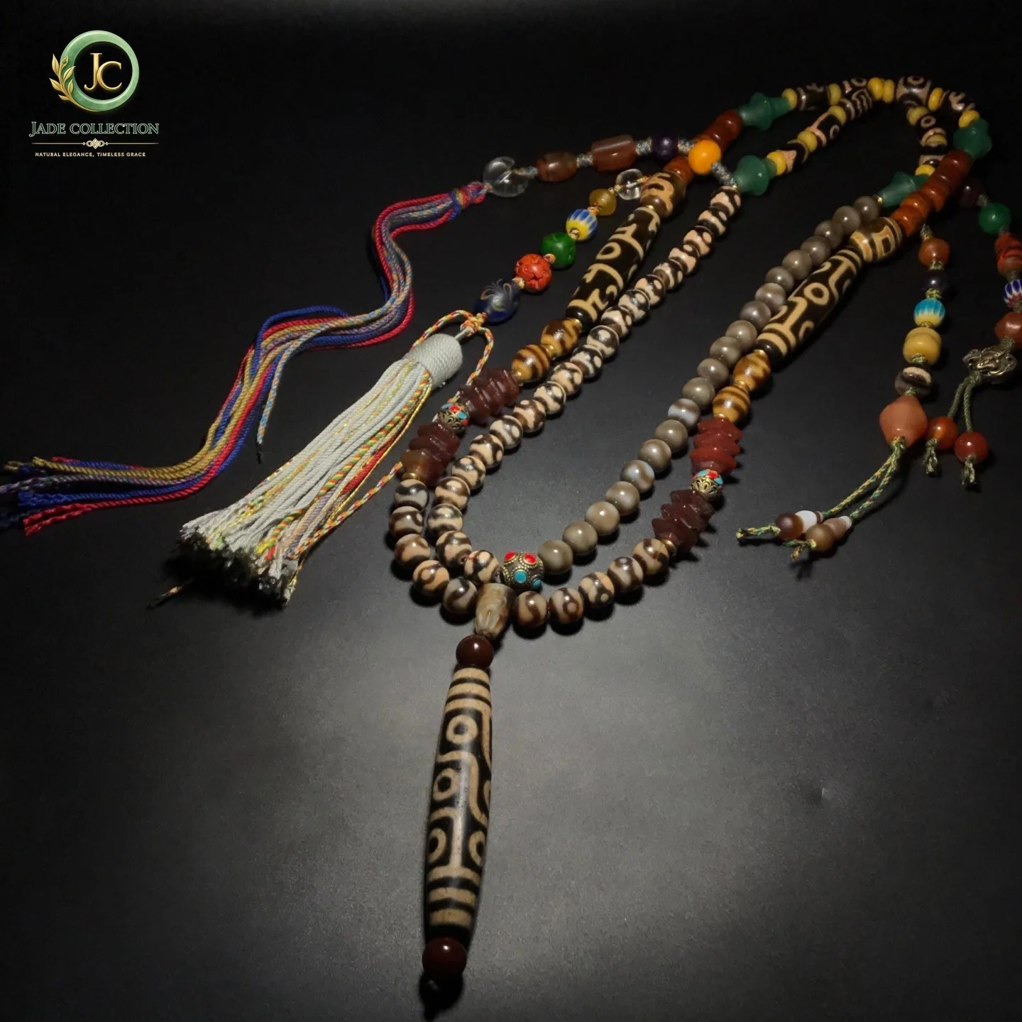 Unique Tibetan Old Agate Dzi Multiple patterns 9 Eyes Beads Necklace J0325
