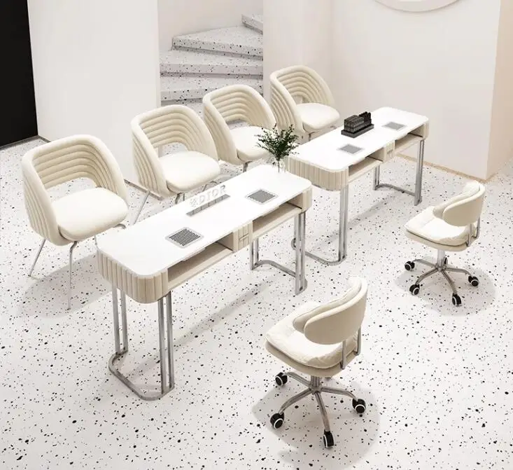 

Stainless steel nail desk and chair set with an upgraded vacuum cleaner and plugged-in nail desk