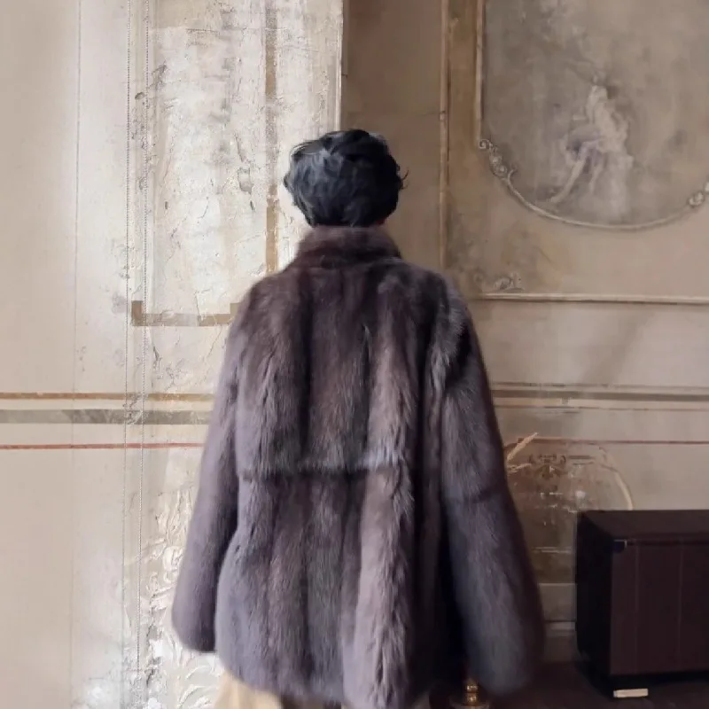 Fl marrom casaco de pele de comprimento médio feminino lapela botão escondido solto elegante outerwear 2025 moda escritório senhora comutar casaco novo