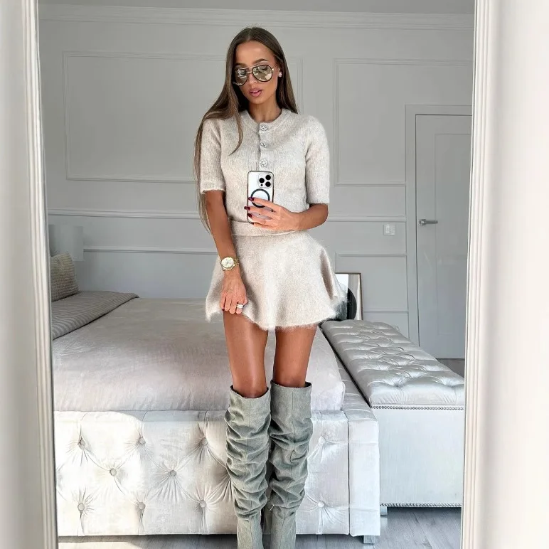 Women Two Piece Sets Skirt Set Round Neck Short Sleeve Knitted Tops Shorts Skirts A Line High Waist Y2k Streetwear Elegant
