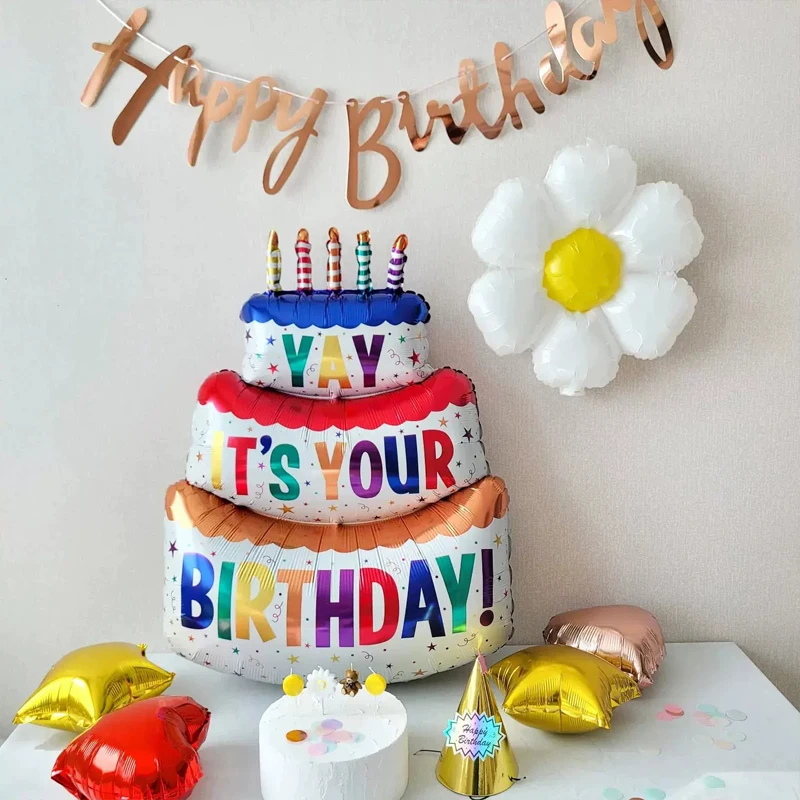 3-Layer Large Cake Balloons Happy Birthday Cartoon Bear Cake Foil Balloons for Kids Birthday Party Decoration Props Ballon Toys