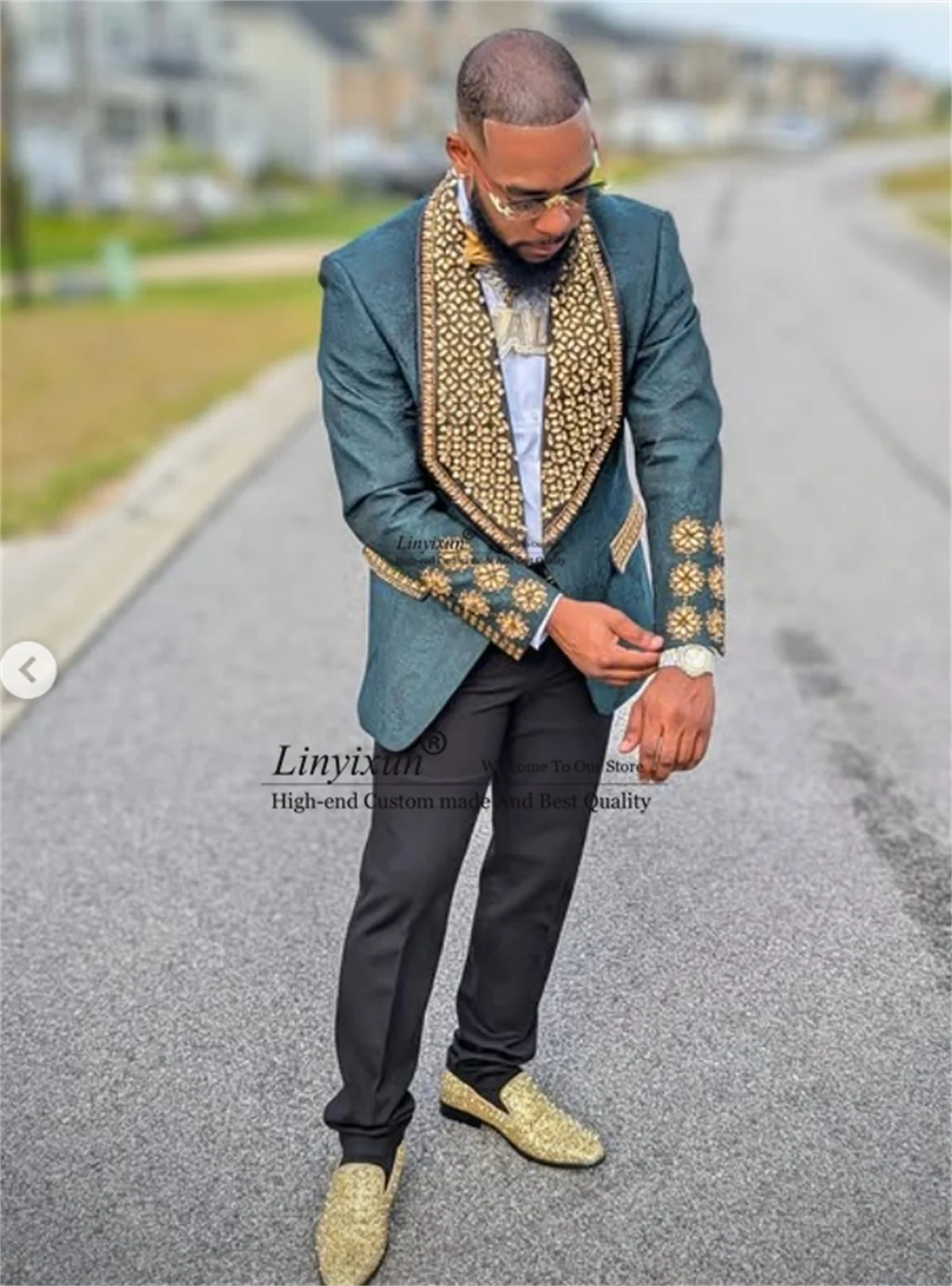 

High End Crystals Men Suits Customized 2 Pieces Sets Male Prom Blazers Groom Wedding Tuxedos Fashion Jacquard trajes para hombre