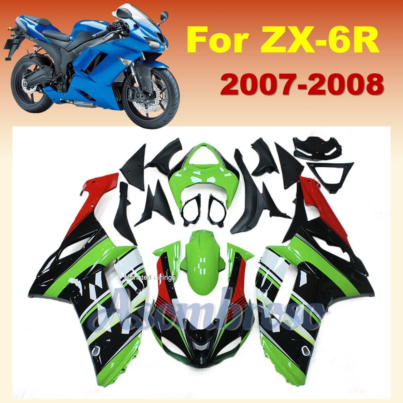 

New Style Body Shell for Kawasaki Ninja ZX-6R 2007 2008 ZX 6R ZX636 07 08 ZX 636 ZX6R Motocycle Fairing kit YT