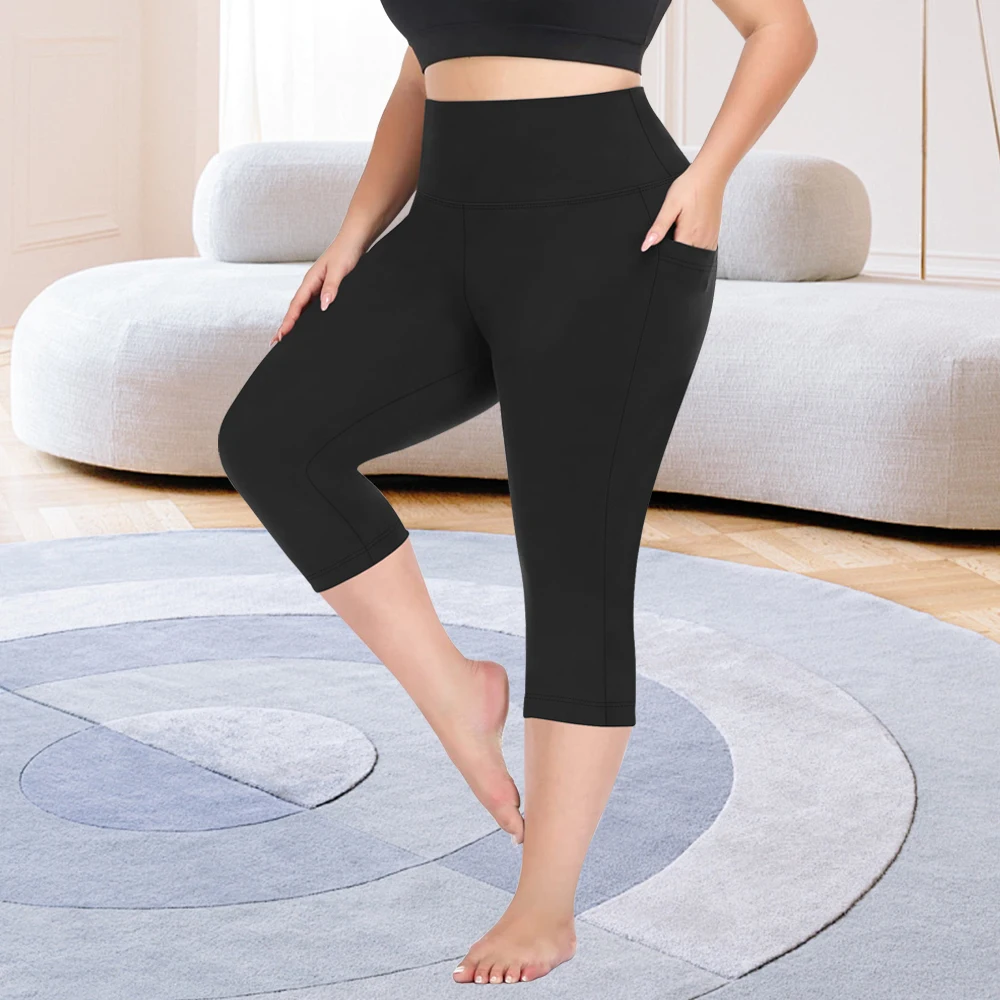 3 Pack Plus Size Sports Leggings Set, High Waist Yoga Pants With Pockets, Tummy Control Workout Running Yoga Leggings For Women