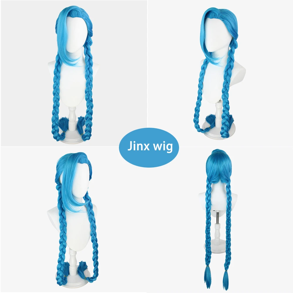 مزدوج مدينة معركة Jinx تأثيري مركب الشعر 46 بوصة الأزرق مزدوجة الضفائر هالوين كرنفال أنيمي لعبة Lol البرية فتاة شعر مستعار