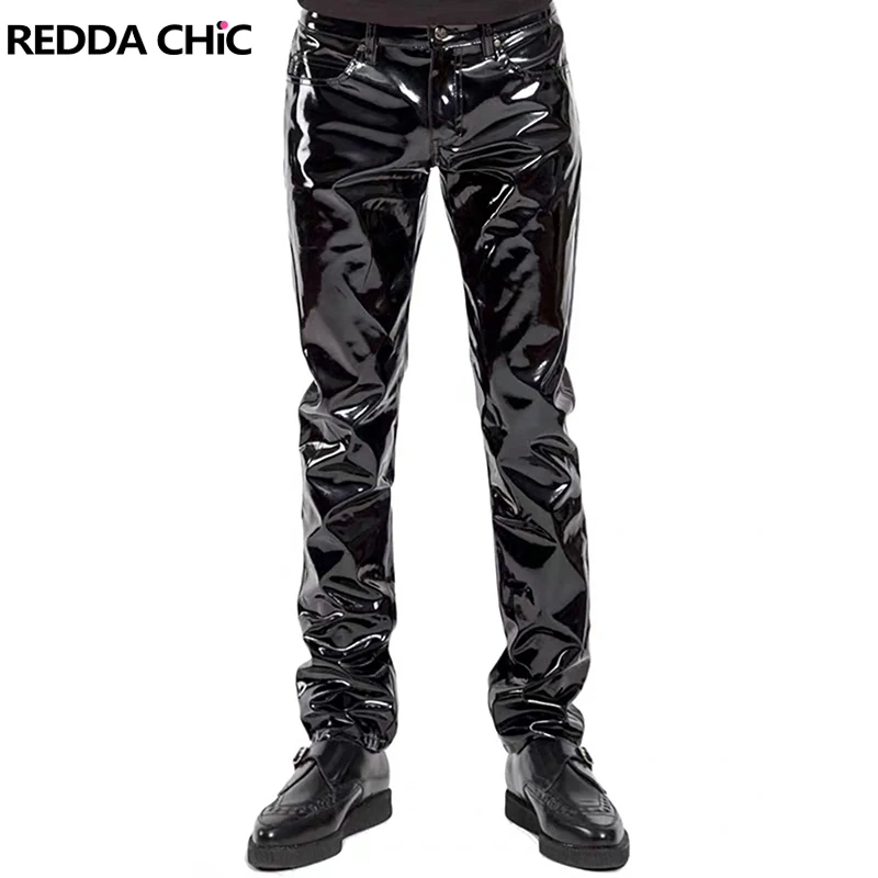 REDDACHIC Punk Pleated Men Black Leather Pants PU Low Rise Glossy Solid Slim Fit Straight Long Trousers Vintage Grunge Clothes