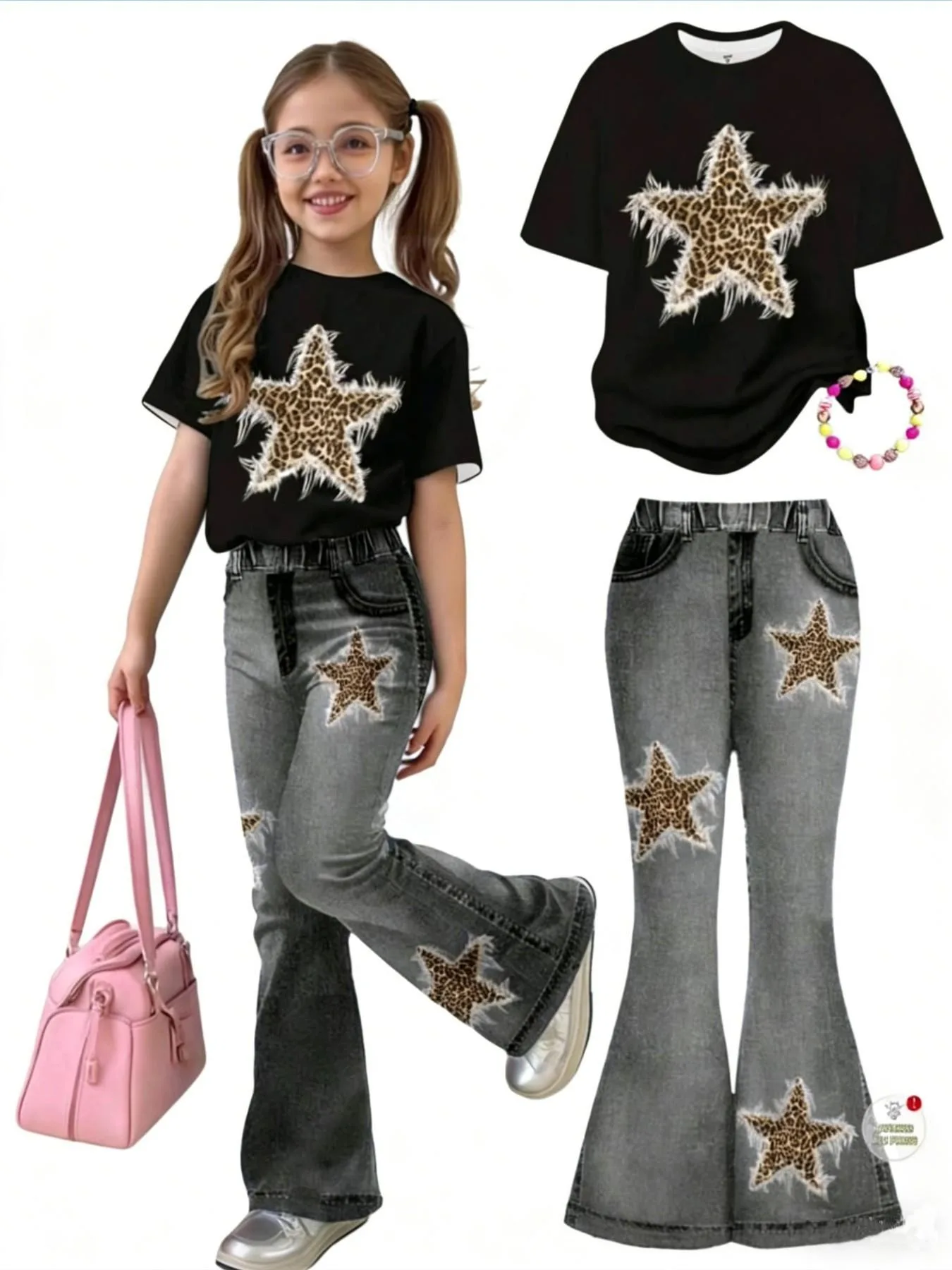Kids Girls 2-Piece Leopard Star Print Short Sleeve T-shirt & Flare Jeans Set Summer Casual Y2K Streetwear Co-ord Outfit