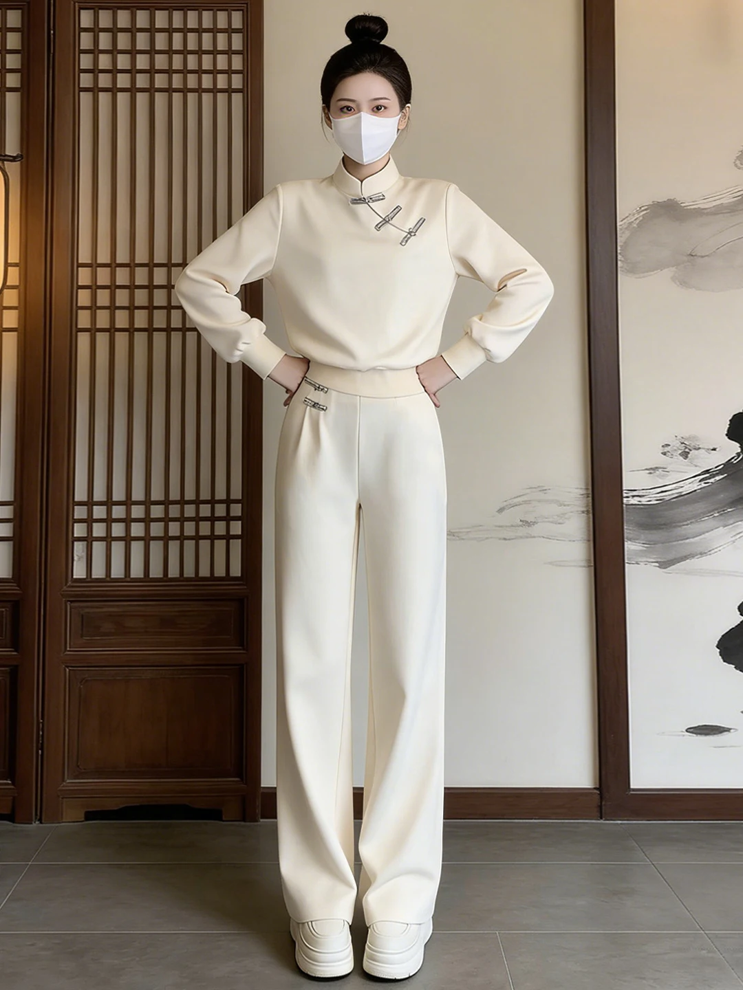 

New Chinese Style Fashion Set Women's Spring 2026 New Elegance Retro Top Wide Leg Pants Two Piece Set High Waist Long Pants